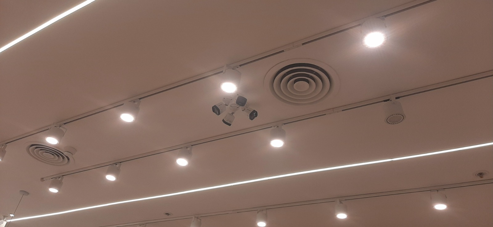 Rieles electrificados y spots instalados en cielorraso comercial